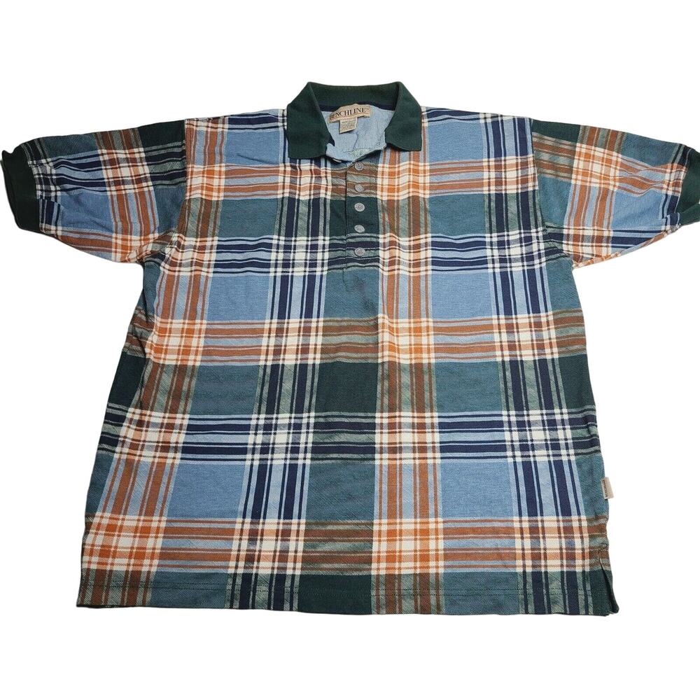 VTG 90's Benchline Mens Size Medium Green Brown Checker Short Sleeve Polo Shirt